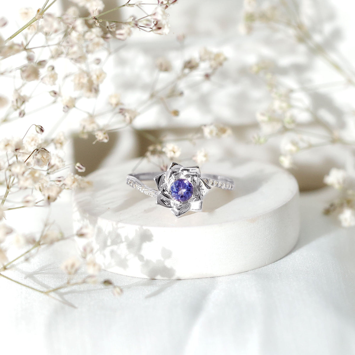 Real Tanzanite Rose Flower Engagement Ring with Diamond Bypass Shank