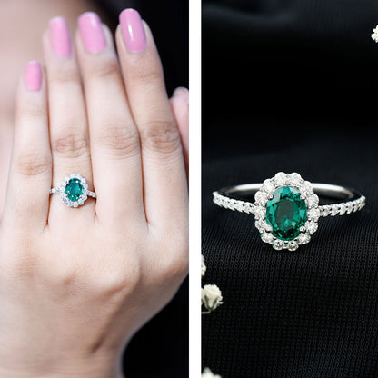 Certified 1.2 Carat Oval Lab Grown Emerald Halo Engagement Ring