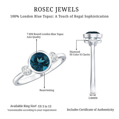 Bezel Set Round London Blue Topaz Solitaire Engagement Ring With Diamond