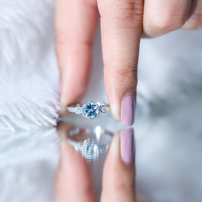 Bezel Set Real Aquamarine Diamond Engagement Ring with Certificate