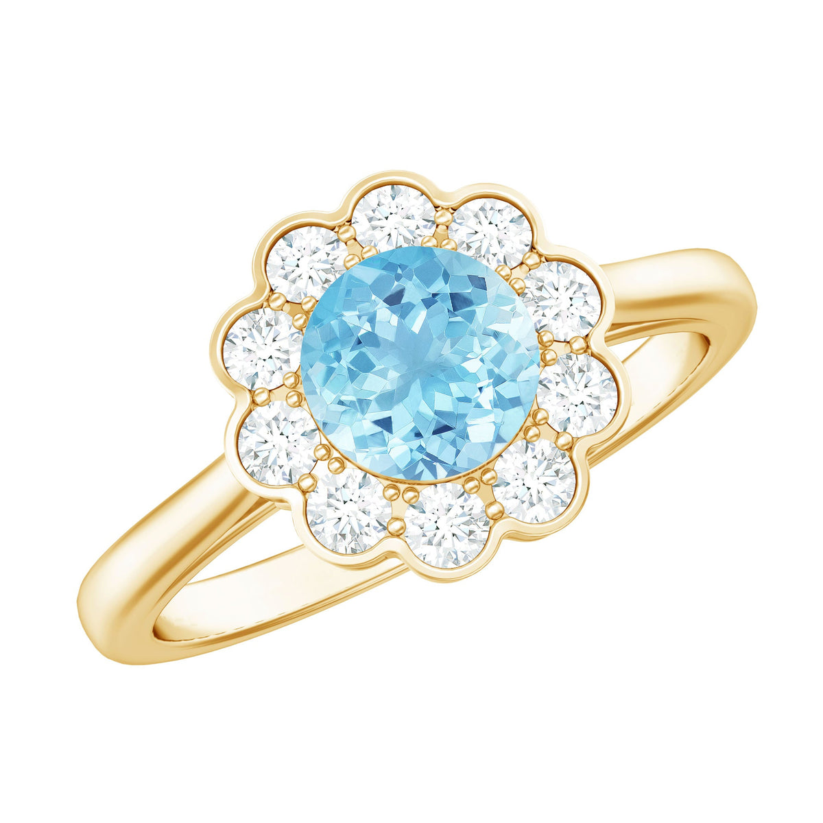 Certified 0.8 Carat Real Aquamarine Engagement Ring with Diamond Flower Halo