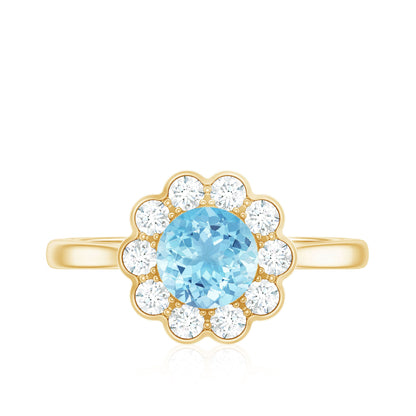 Certified 0.8 Carat Real Aquamarine Engagement Ring with Diamond Flower Halo