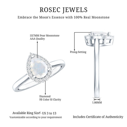 Pear Shaped Moonstone Halo Engagement Ring with Diamond