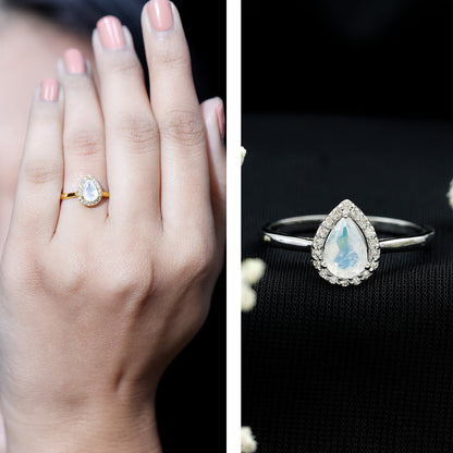 Pear Shaped Moonstone Halo Engagement Ring with Diamond