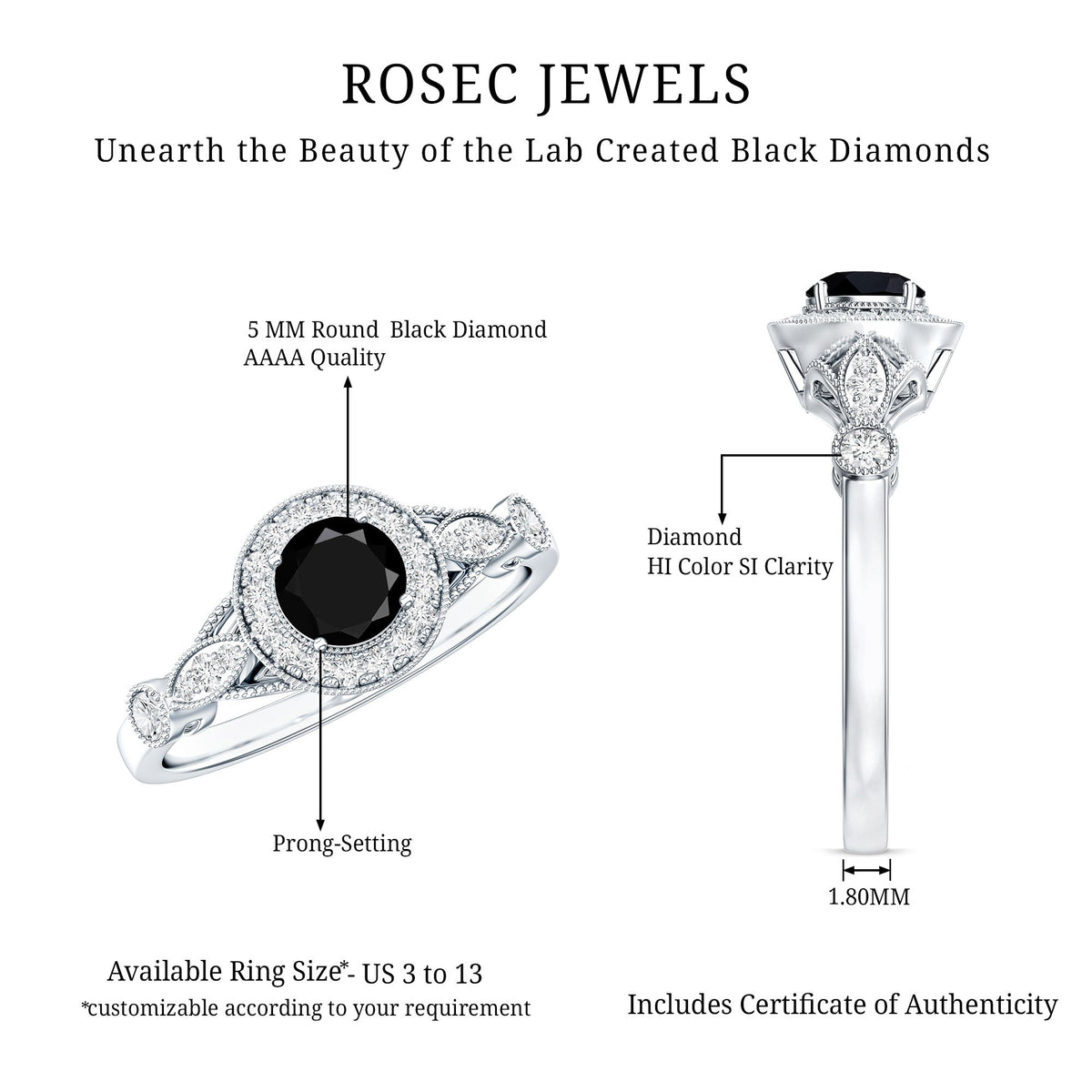Vintage Inspired 0.8 Carat Lab Grown Black and White Diamond Engagement Ring with Halo