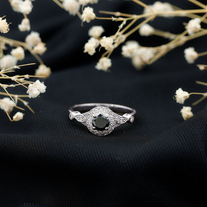Vintage Inspired 0.8 Carat Lab Grown Black and White Diamond Engagement Ring with Halo