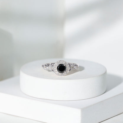 Vintage Inspired 0.8 Carat Lab Grown Black and White Diamond Engagement Ring with Halo