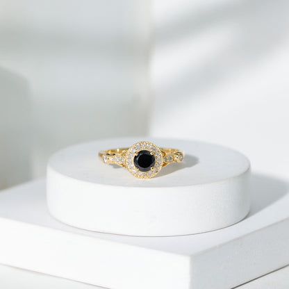 Vintage Inspired 0.8 Carat Lab Grown Black and White Diamond Engagement Ring with Halo