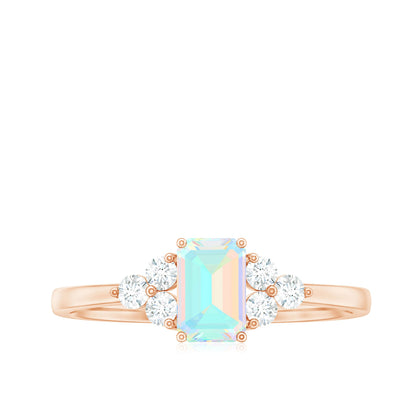 Certified Real Ethiopian Rainbow Opal Emerald Cut Engagement Ring with Diamond Trio