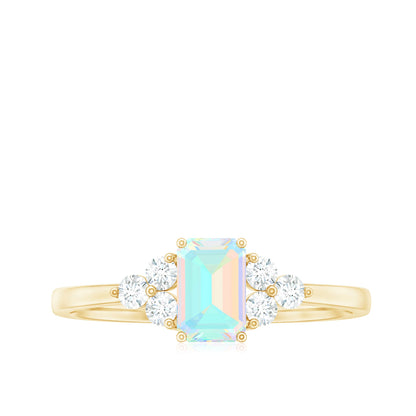 Certified Real Ethiopian Rainbow Opal Emerald Cut Engagement Ring with Diamond Trio