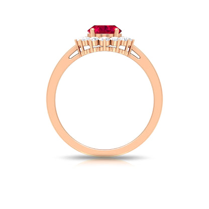 Natural 0.6 Carat Ruby Oval Engagement Ring with Diamond Halo