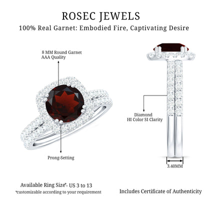 Natural Garnet Diamond Engagement Ring with Wedding Band