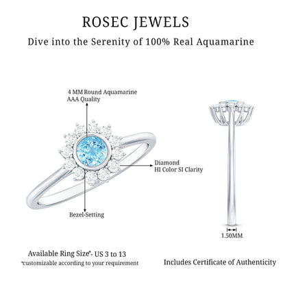 Real Round Aquamarine and Diamond Halo Promise Ring
