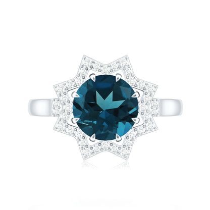 Round Cut London Blue Topaz Cocktail Halo Ring with Diamonds