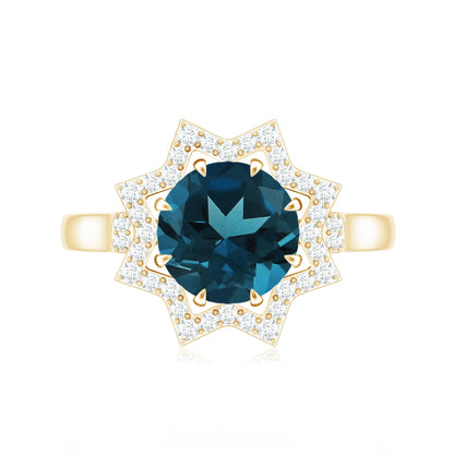 Round Cut London Blue Topaz Cocktail Halo Ring with Diamonds