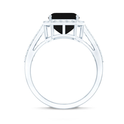 3.4 Carat Lab Grown Black Diamond Emerald Cut Engagement Ring with White Diamond Halo