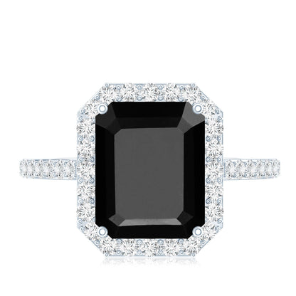 3.4 Carat Lab Grown Black Diamond Emerald Cut Engagement Ring with White Diamond Halo