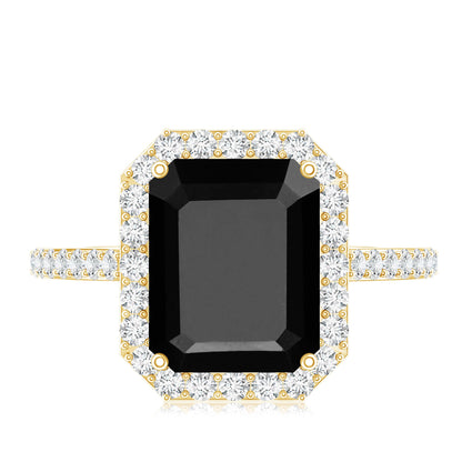 3.4 Carat Lab Grown Black Diamond Emerald Cut Engagement Ring with White Diamond Halo