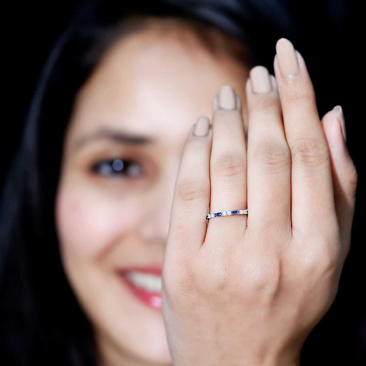 Certified Baguette Lab Blue Sapphire Eternity Ring with Diamond