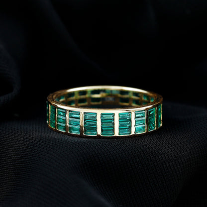 Baguette Cut Lab Grown Emerald 3 Row Eternity Band