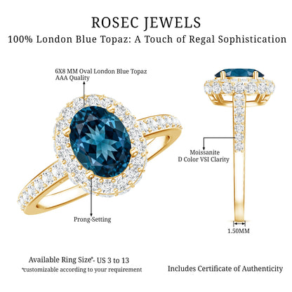 Genuine London Blue Topaz Classic Engagement Ring with Moissanite Halo
