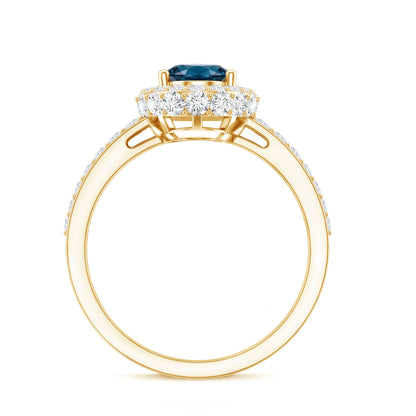 Genuine London Blue Topaz Classic Engagement Ring with Moissanite Halo