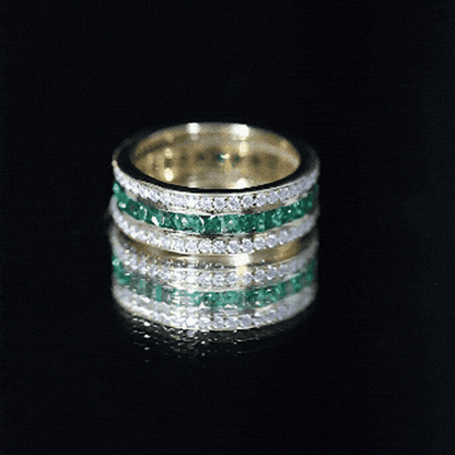 Three Row Lab Created Emerald and Moissanite Wedding Band