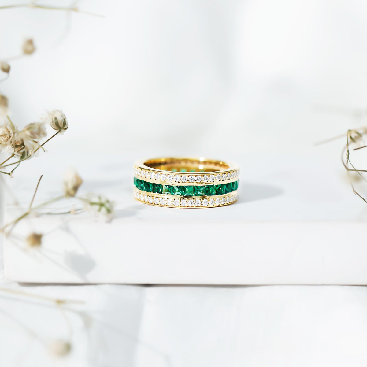 Certified Lab Grown Emerald 3 Row Eternity Wedding Band
