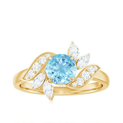 Genuine 0.8 Carat Aquamarine and Diamond Flower Engagement Ring