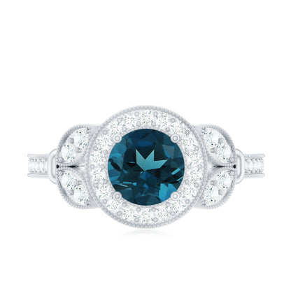 Vintage Inspired London Blue Topaz Engagement Ring with Diamond Halo