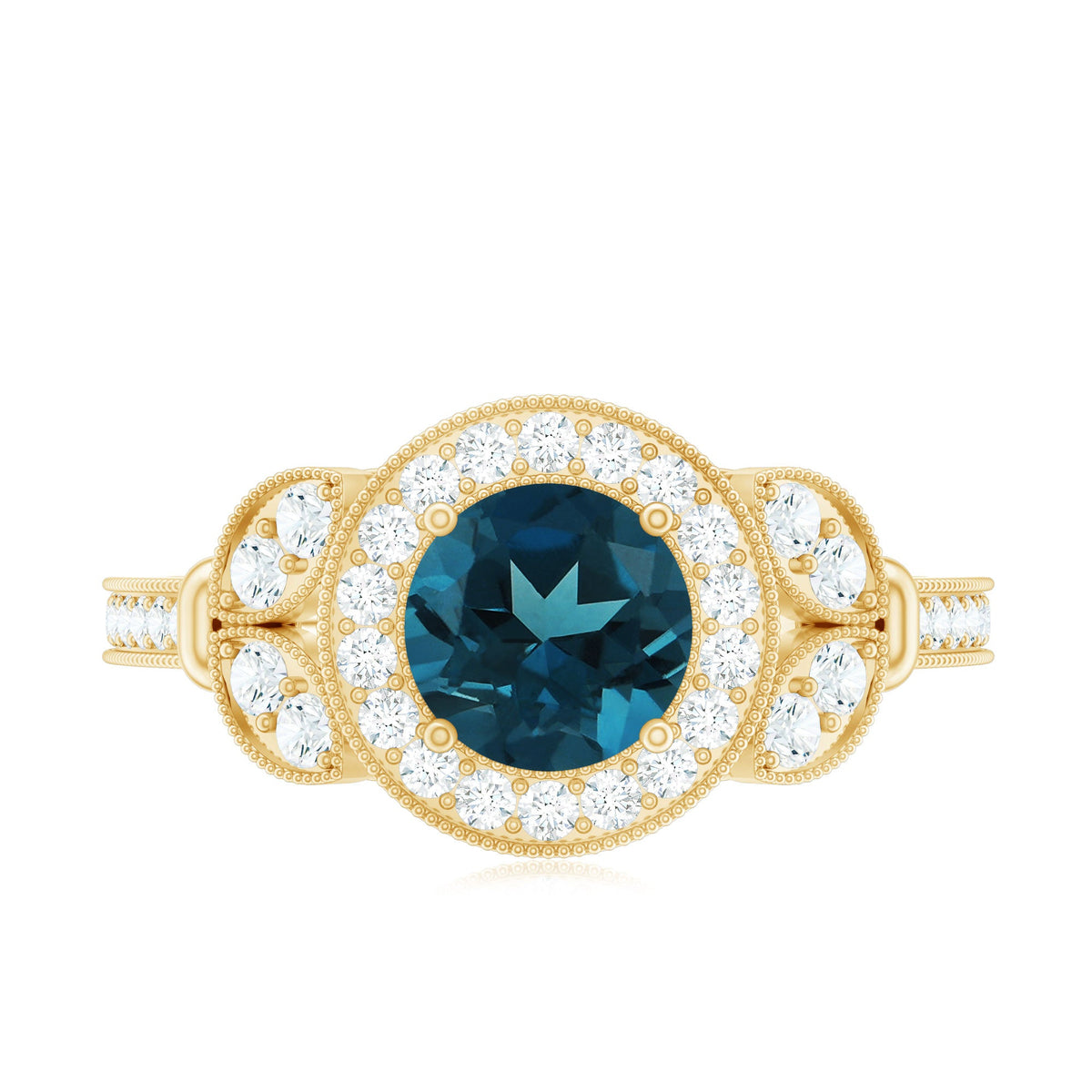 Vintage Inspired London Blue Topaz Engagement Ring with Diamond Halo