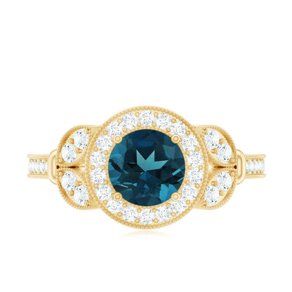 Vintage Inspired London Blue Topaz Engagement Ring with Diamond Halo