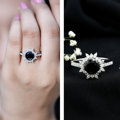 Real Black Spinel Engagement Ring with Moissanite Halo