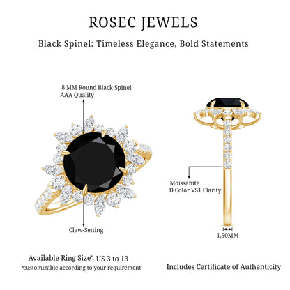 Real Black Spinel Engagement Ring with Moissanite Halo