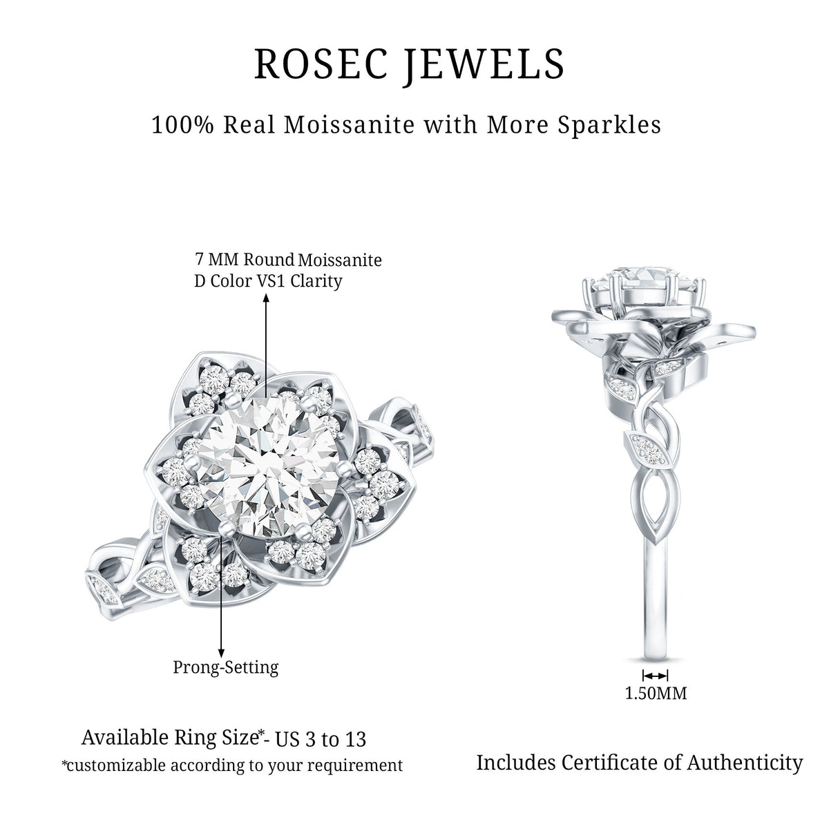 Nature Inspired Moissanite Flower Engagement Ring with Certificate