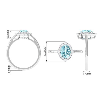 1 Carat Aquamarine Oval Halo Engagement Ring with Diamond