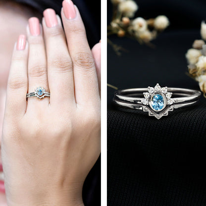 Natural Oval Cut Aquamarine Wedding Ring Set with Diamond Halo