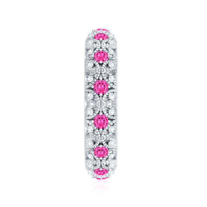 Vintage Inspired Lab Grown Pink Sapphire and Diamond Wedding Band