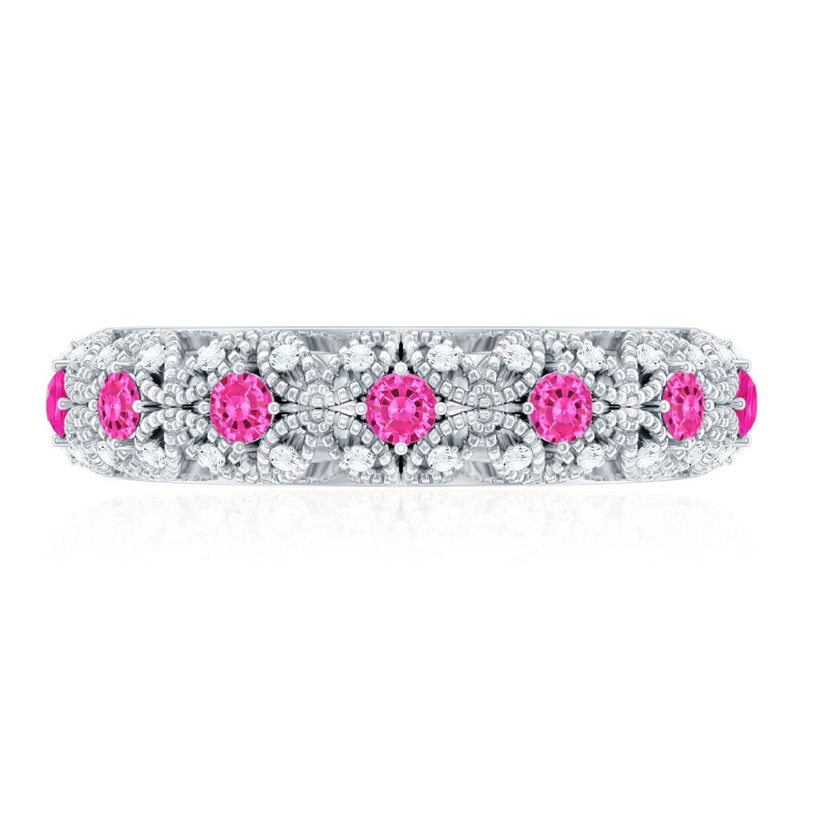 Vintage Inspired Lab Grown Pink Sapphire and Diamond Wedding Band