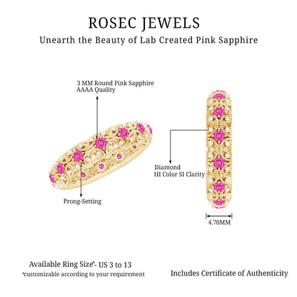 Vintage Inspired Lab Grown Pink Sapphire and Diamond Wedding Band