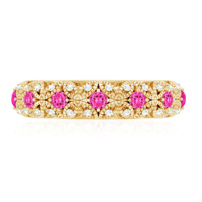 Vintage Inspired Lab Grown Pink Sapphire and Diamond Wedding Band