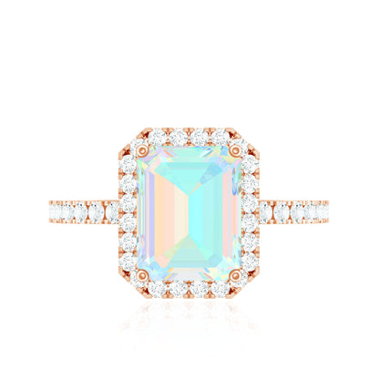 Genuine 2 Carat Ethiopian Opal Emerald Cut Engagement Ring with Diamond Halo