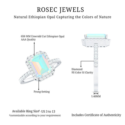 Genuine 2 Carat Ethiopian Opal Emerald Cut Engagement Ring with Diamond Halo