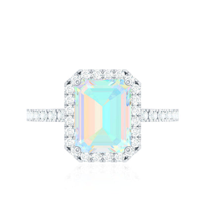 Genuine 2 Carat Ethiopian Opal Emerald Cut Engagement Ring with Diamond Halo