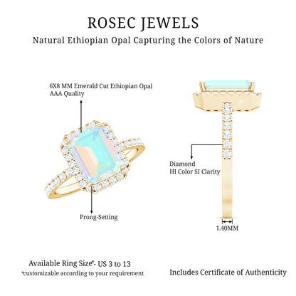 Genuine 2 Carat Ethiopian Opal Emerald Cut Engagement Ring with Diamond Halo