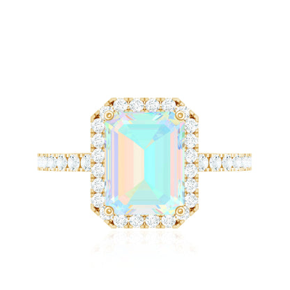 Genuine 2 Carat Ethiopian Opal Emerald Cut Engagement Ring with Diamond Halo