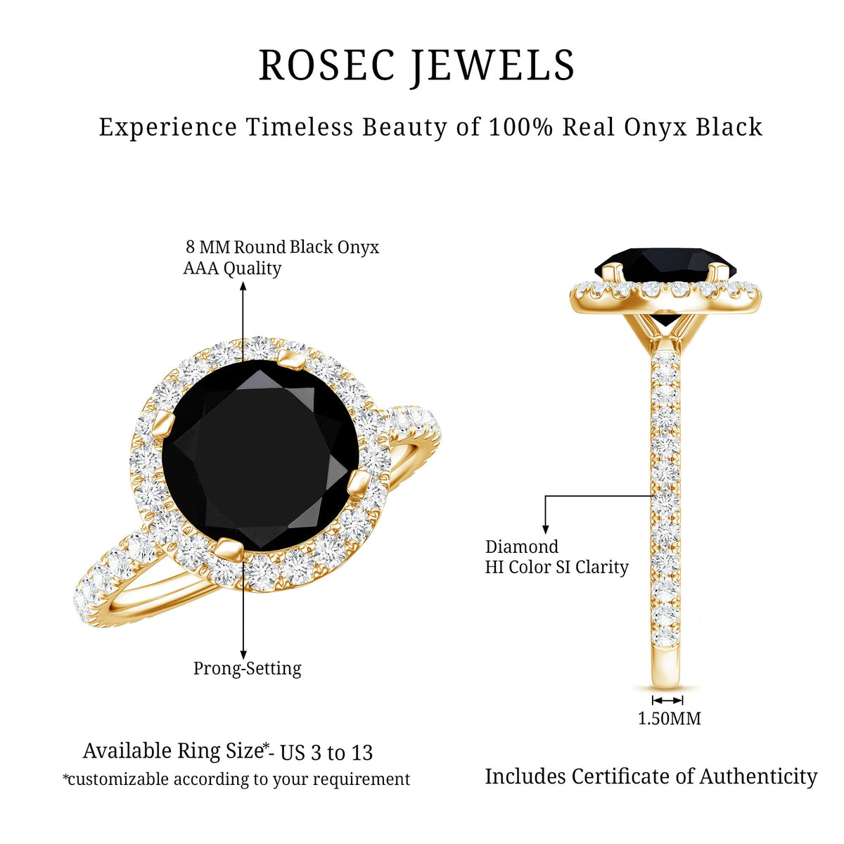 2 Carat Round Shape Black Onyx Engagement Ring with Diamond Halo