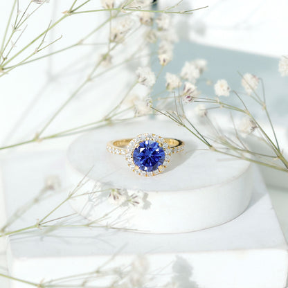 Certified 2.7 Carat Lab Grown Blue Sapphire Halo Engagement Ring with Moissanite