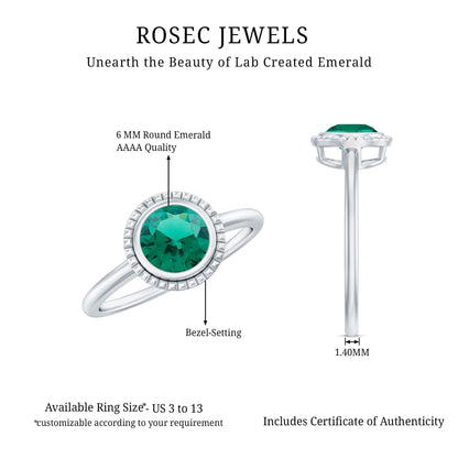 Certified 0.8 Carat Lab Grown Emerald Solitaire Engagement Ring in Bezel Setting