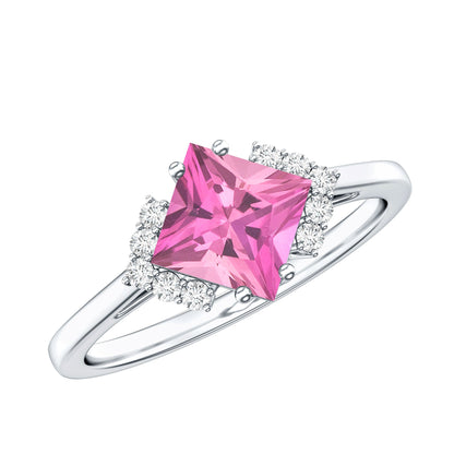 Princess Cut Pink Tourmaline Engagement Ring with Diamond Accent